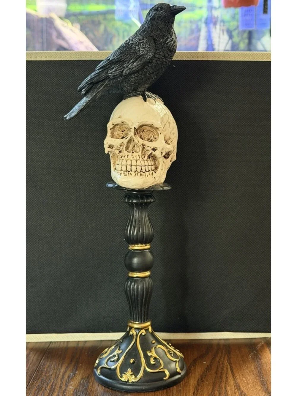 Raven On Skull On Pedastel Trimmed With Gold 15”